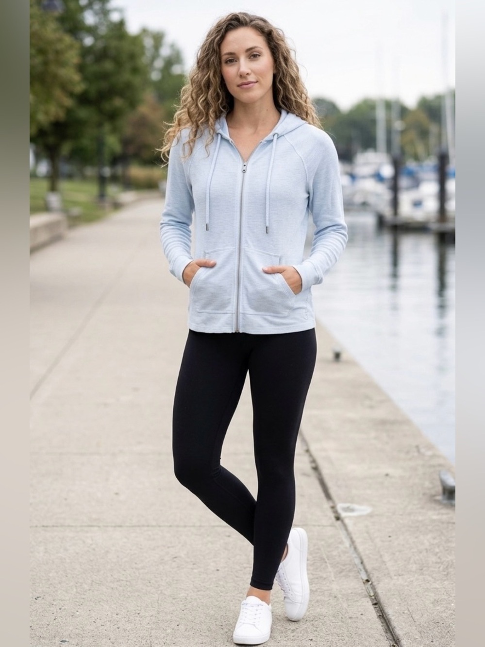 Calvin Klein Performance Hoodie Small Light Blue Zip Up Waffle Knit Athleisure